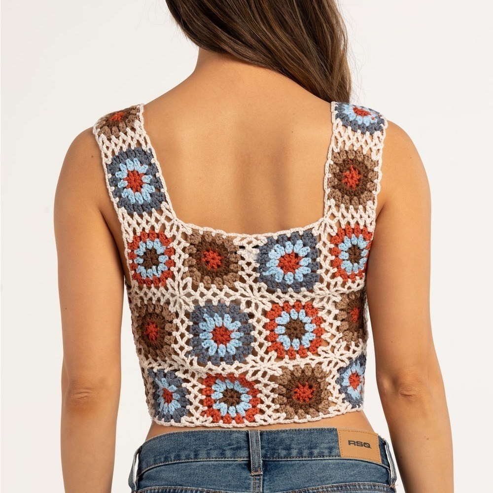 RSQ Granny Square Crochet Crop Tank Medium Boho Festival 70s Retro Floral Top - Picture 4 of 8